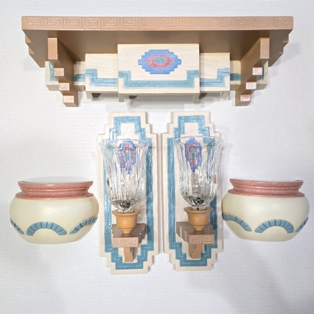 Southwestern Burwood 90s Plastic Decor Set - Wall Shelf, Sconces, Wall Pockets - Picture 1 of 9